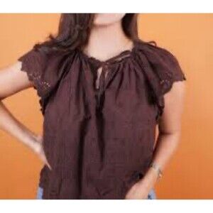 GAP Brown Eyelet Cotton Flutter Sleeve Women's Blouse Sz Xs Peasant Modest Chic